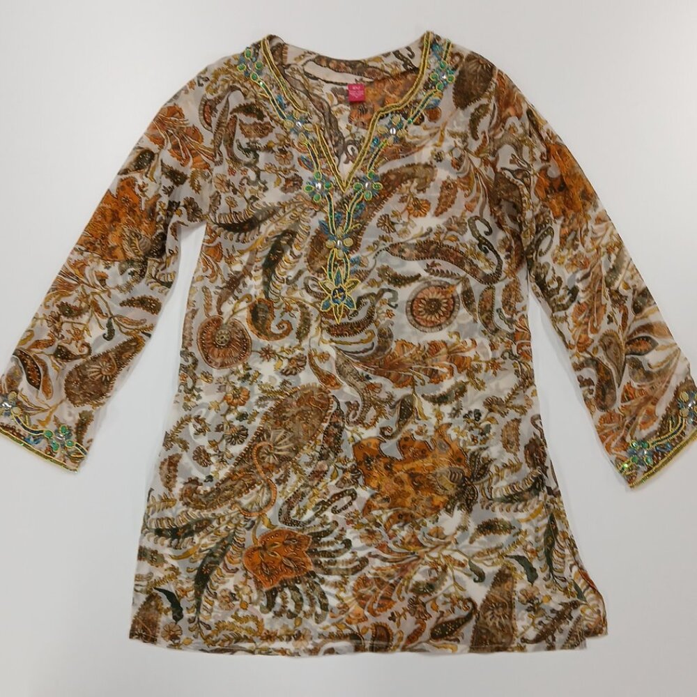 Womens RAJ Silk V-neck Pullover Tunic Top Gold Paisley Embroidery Sequins Medium